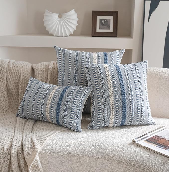 Cethom Boho Throw Pillow Covers 18x18 Inch Set of 2, Farmhouse Decorative Couch Pillow Cases, Blue Accent Pillows of Bed, Sofa Bedroom Living Room Home Decor Cushion Cover