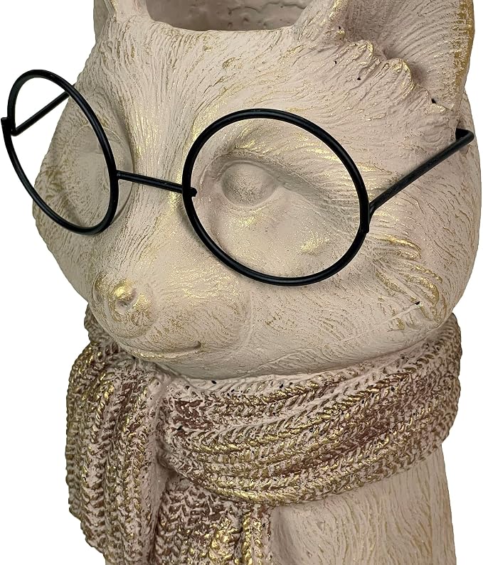 Fox Cement Vase, 8.25 Inch Bespectacled Woodland Planter | Distressed Taupe Finish, Real Black Wire Glasses, Gold-Brushed Knit Scarf, 2.75 Inch Opening for Flowers or Pens