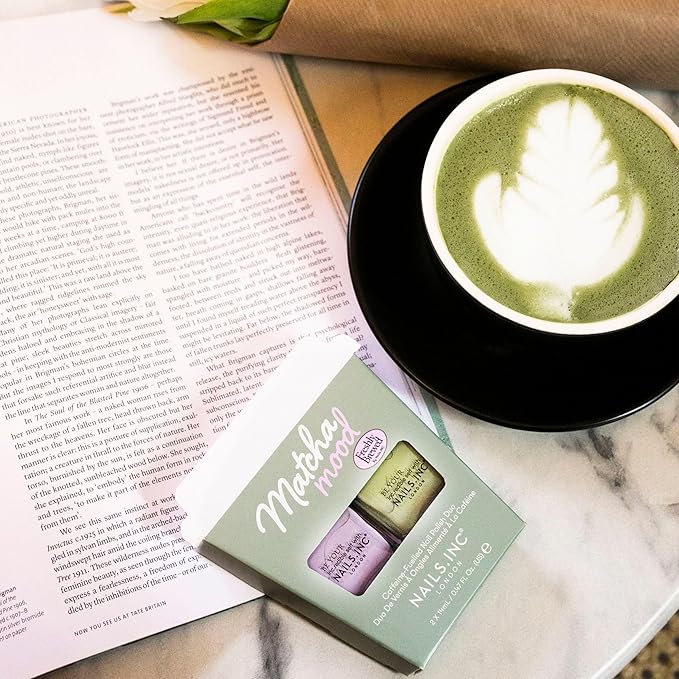 Nails Inc Matcha Mood Nail Polish Duo Gift Set, Caffeine & Green Tea Infused, Fast Drying, Long Lasting, High Shine, Chip Resistant, Air Dry Manicure, Cruelty Free, Matcha Green & Lilac, 2 Piece Set