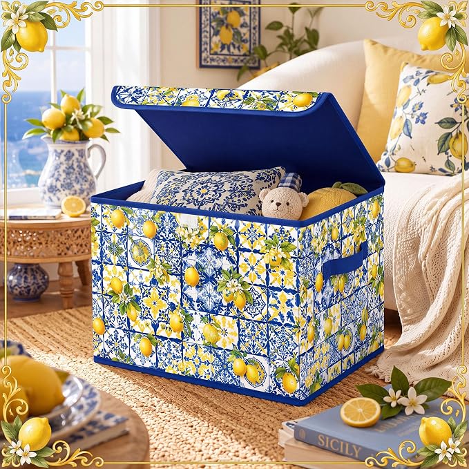 Briwooody Capri Lemon Storage Bin with Lid and Carrying Handle Italy Lemon Foldable Storage Box Large Blue Summer Fruit Decorative Collapsible Container Basket for Organizing Closet Home Bedroom Gift