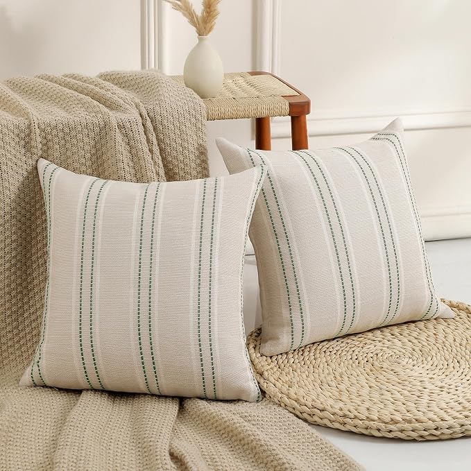 Hckot Spring Throw Pillow Covers 24x24 Set of 2 Striped Pillow Covers Textured Linen Decorative Pillows Square Cushion Covers for Sofa Couch Bed Living Room Farmhouse Decor, Sage Green