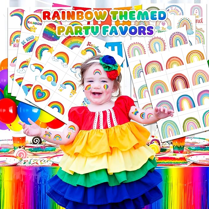 96 PCS Rainbow Pastel Rainbow Pre-Cut Temporary Tattoos for Kids | Super Cute Themed Birthday Party Favors, Supplies, Decorations, Colorful Fake Tattoo Stickers (Multiple)