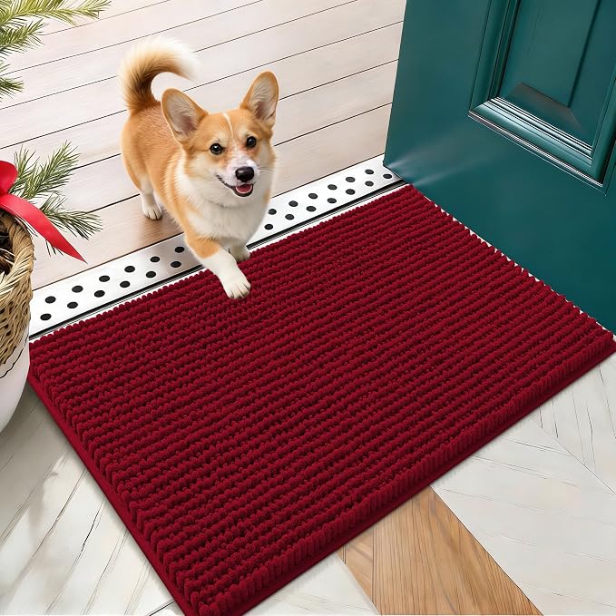 OLANLY Dog Door Mat for Muddy Paws 24x16, Extra Absorbent Chenille Mud Mat | Red, Absorbs Moisture and Dirt, Non-Slip Machine Washable Doormat, Quick-Drying Indoor Entryway Floor Mat for Dogs