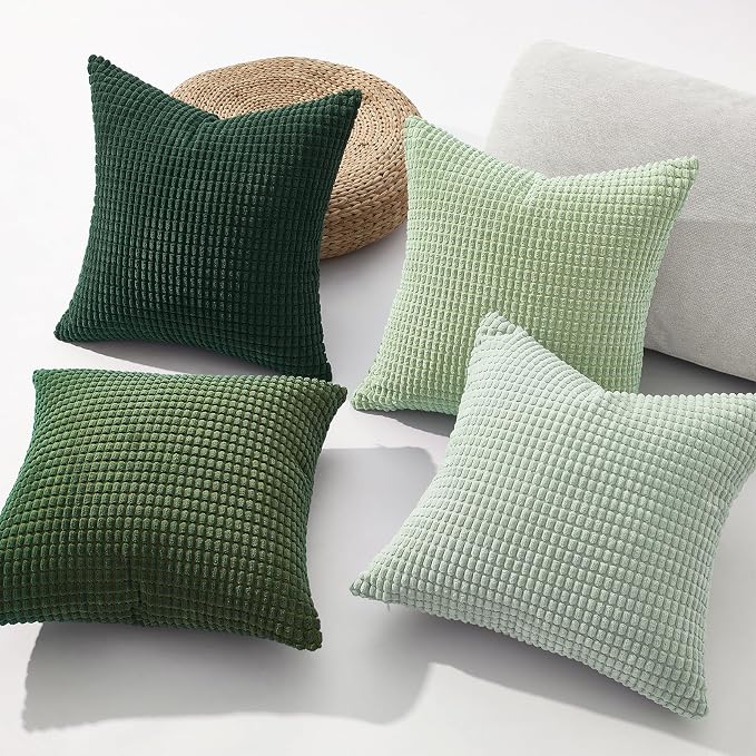 Topfinel 4 Packs LightGreen Decorative Throw Pillow Covers 16x16 Inch for Living Room Couch Bed Sofa, Boho Western Farmhouse Home Decor, Square Soft Moss Corduroy Summer Cushion Case 40x40 cm