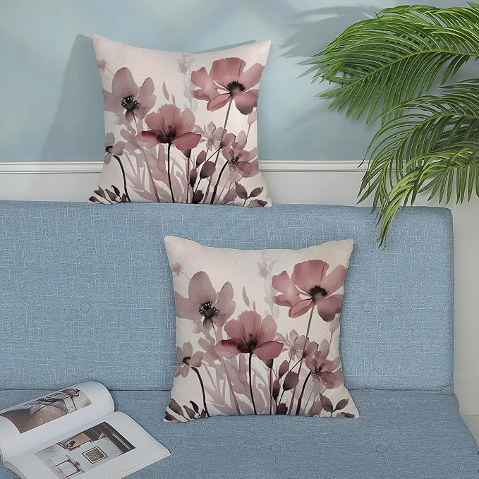 Spring Floral Pillow Covers 18x18 Inches Set of 2,Pink Floral Throw Pillow Covers Outdoor Summer Flower Decoration Pillowcase Farmhouse Decorative Square Cushion Cover for Home Couch Sofa