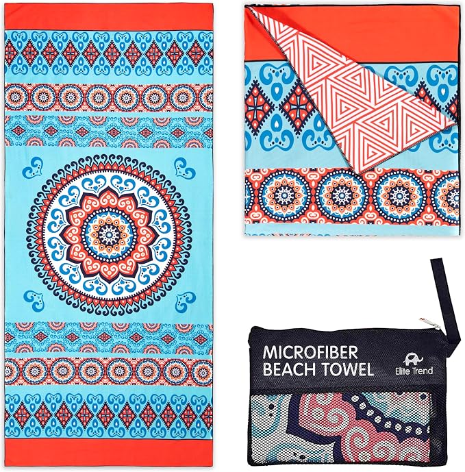 Elite Trend Microfiber Beach Towel for Adults with Bag - Extra Large 78x35 Inch Lightweight Sand Free Quick Dry Towel for Travel, Swimming, Yoga, Camping (Mandala Coral)