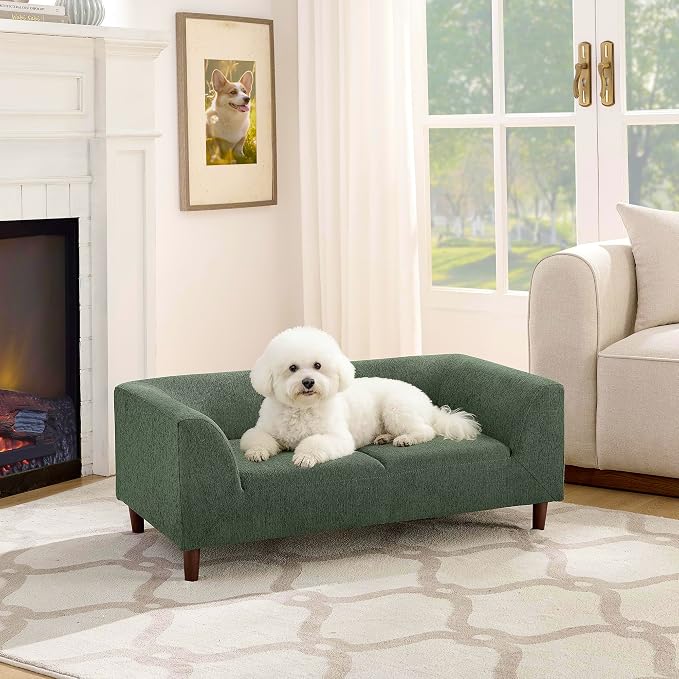 39.75 “x 22.5 “ Dog Sofa for Small Medium Dogs | Elevated Base | Breathable Linen Fabric | Armrest & Backrest | Plush Thick Cushion|Easy to Clean | Olive Green