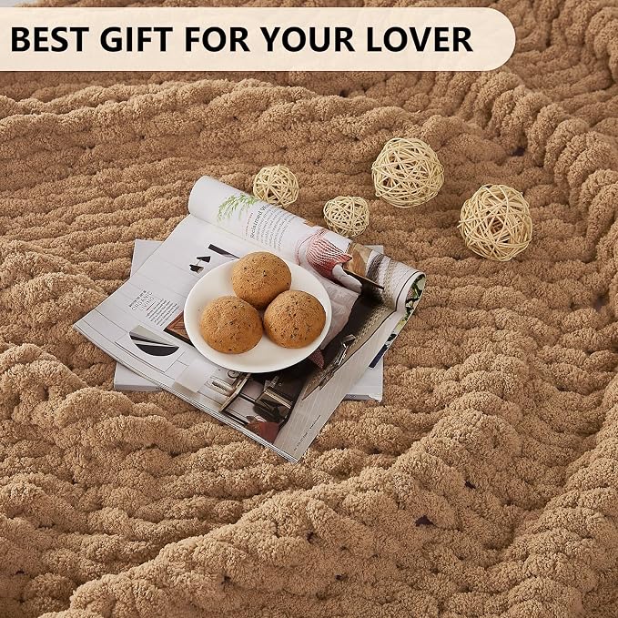 L'AGRATY Chunky Knit Throw Blanket for Couch, 50'' x 60'' Knit Throw, Tan | Handmade Chenille Crochet Blanket for Sofa Bed, Thick Cable Knitted Blankets for Room Home Decor, Birthday Gift for Women Mom