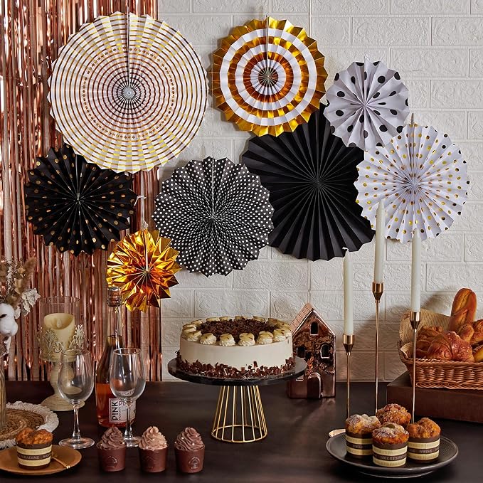 Black and Gold Decorations, Hanging Honeycomb Paper Pompoms Fan for Graduation Birthday Wedding Photo Backdrop Prom Night New Years Black and Gold Party Decorations, Set of 8