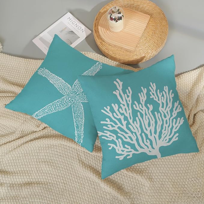 Coastal Pillow Covers 16x16 Set of 2 Aqua Teal Turquoise Coral Starfish Throw Pillows Nautical Ocean Decorations Summer Linen Beach Pillowcase Outdoor Decor Farmhouse Cushion Case for Couch