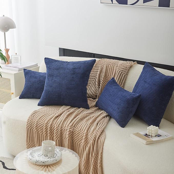 Home Brilliant Euro Sham Striped Decorative Corduroy Pillow Cover 24x24 Velvet Large Couch Throw Pillow Cover for Bedroom, 24 inch (60cm), Navy Blue