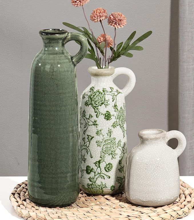 Ceramic Vase Set, 3Pcs Flower Vases for Modern Boho Farmhouse Decor, Decorative Vases for Pampas Grass & Dried Flowers, Distressed Finish
