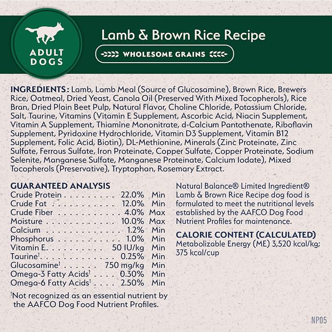 Natural Balance Limited Ingredient Adult Dry Dog Food with Healthy Grains, Lamb & Brown Rice Recipe, 12 Pound (Pack of 1) | Dry Dog Food with Wholesome Grains, Balanced Nutrition for Adult Dogs with Sensitivities, Skin and Stomach Support