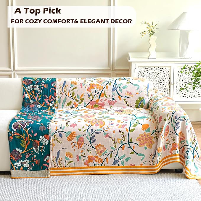 VANJOROY Boho Throw Blanket for Bed, 100% Organic Cotton Breathable Ultra Soft 50" x 60" Quilt Beige Throw - All Season Floral Farmhouse Decor Luxury Reversible Blanket for Sofa Couch Chair and Gift
