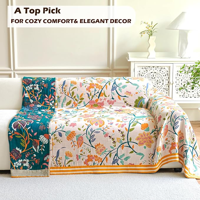 VANJOROY Boho Throw Blanket, 100% Organic Cotton Breathable Ultra Soft 91" x 108" King Bed Quilt Throw - All Season Floral Rustic Farmhouse Decor Luxury Blanket for Sofa Couch Chair and Gift