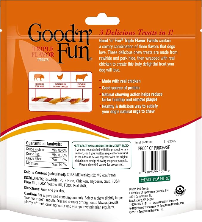 Good 'N' Fun Triple Flavor Twist Rawhide Treats For Dogs, 70 count (12 pack) | Premium Chicken, Pork and Beef Hide Chew, Supports Dental Health and Mental Stimulation, For Adult Dogs