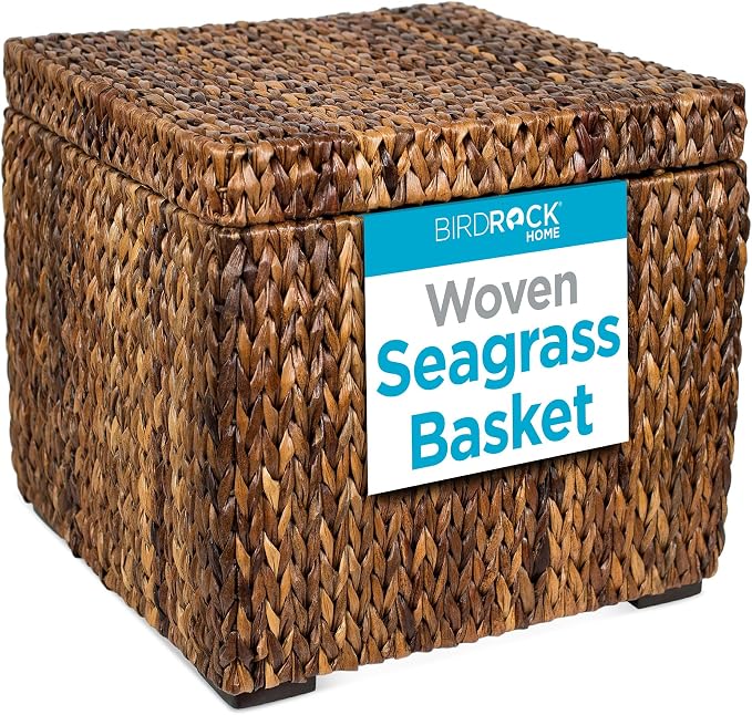 BIRDROCK HOME Woven Storage Cube - Abaca Seagrass Decorative Ottoman - Living Room Side Table - Store Blankets Pillows Magazines Books Remotes | Woven Basket with Lid, Removable Lid Doubles as Serving Tray, Footstool Ottoman with Storage for Living Roo...