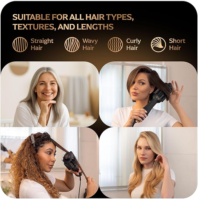 Blowout Brush Hair Dryer, 4-in-1 Blow Drying Brush, Automatic Dual Voltage, Ionic Hair Straightener w/No Heat Damage, Light 1.3 lb Blowout Tool, Blow Dryer Curling Wand, Hot Air Styler for All Types