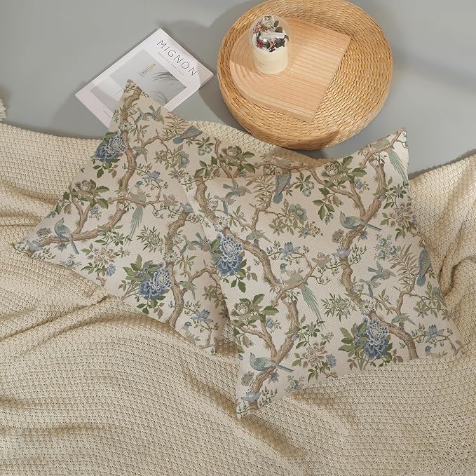 Blue Green Floral Bird Pillow Covers 22x22 Set of 2 Chinoiserie Throw Pillows Green Vintage Flowers Bird Decorative Pillow Cases Outdoor Chinoiserie Decor Farmhouse Cushion Case for Couch Sofa