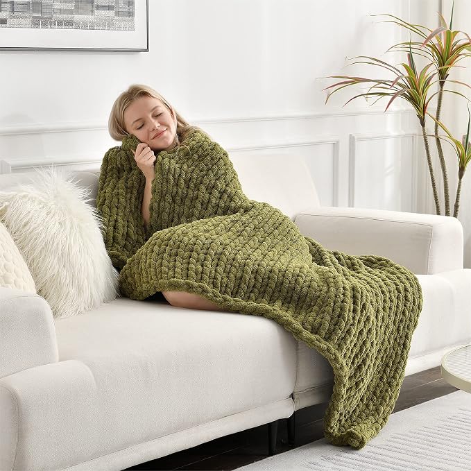 Maetoow Tighter Version Chenille Chunky Knit Blanket Throw,40×50,Olive Green