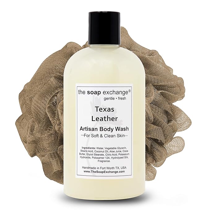 The Soap Exchange Body Wash - Texas Leather Scent - Hand Crafted 12 fl oz / 354 ml Natural Artisan Liquid Soap for Hand, Face & Body, Shower Gel, Cleanse, Moisturize, & Protect. Made in the USA.