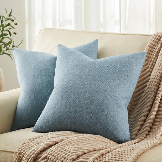 Rustic Linen Throw Pillow Covers Set of 2, River Blue 22x22in | Textured Pillow Case, Rustic Cotton Linen Fabric, Modern Farmhouse Cushion Covers for Sofa Bed Living Room Home Decor