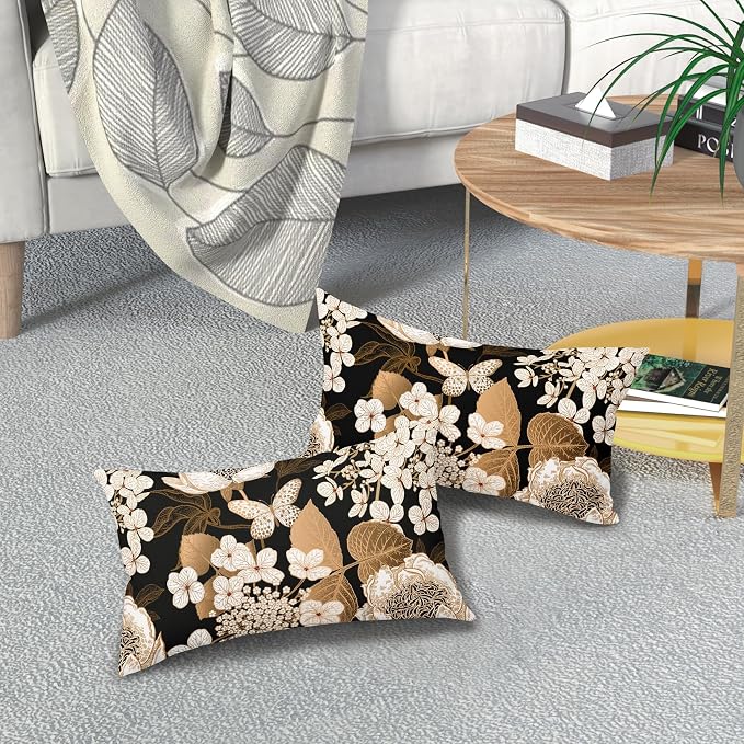 Vintage Floral Lumbar Pillow Covers 12X20 Inch Set of 2 White Flowers Gold Leaves Botanical Decorative Pillow Cases Rustic Leaf Black Cotton Linen Cushion Case Farmhouse Home Decor For Sofa Couch