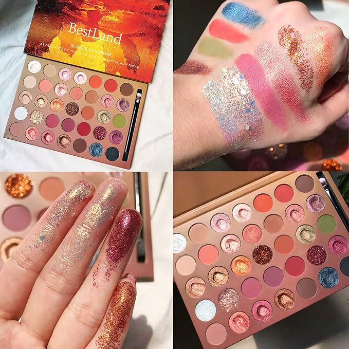BestLand Pro 35 Colors Glitter Eyeshadow Palette with Eyeshadow Brush，Highly Pigmented Pressed Soft Creamy Metallic Matte Shimmer Naked Eye Shadow Powder Makeup Palette Set