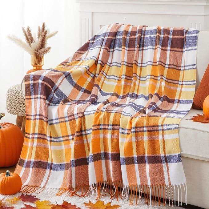 Fall Plaid Throw Blanket for Couch Bed, Mustard Throw Blanket, Fall Decor | 50x60in, Orange Fall Blanket, Woven Throw with Tassels, Buffalo Checkered Plaid Blankets and Throws Farmhouse Style for Home