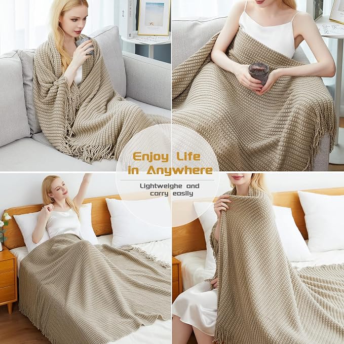 Blagic Knit Throw Blanket for Couch and Bed with Tassels,Camel, 50"x60" | Soft Farmhouse Boho Throw Blanket with Tassels,Decorative for Living Room,Gifts for Adults,All Season Use