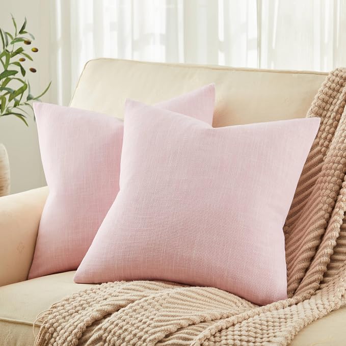 Rustic Linen Throw Pillow Covers Set of 2, Pink 20x20in | Textured Pillow Case, Rustic Cotton Linen Fabric, Modern Farmhouse Cushion Covers for Sofa Bed Living Room Home Decor