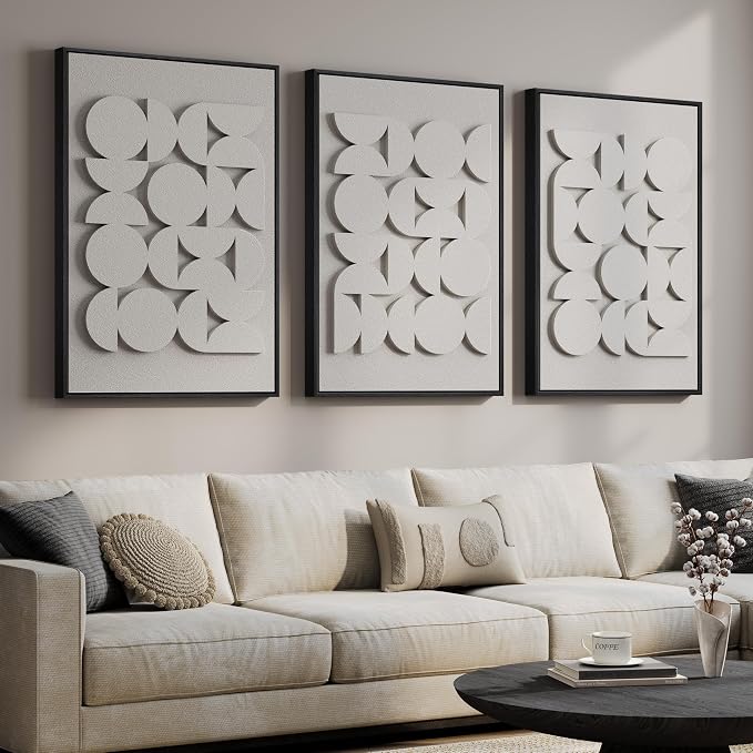 Large 3D Textured Framed Abstract Wall Art for Living Room, Set of 3 Modern White Paintings Artwork for Walls, Minimalist All White Geometric Pictures for Bedroom Hallway Office Wall Decor 24x36 In