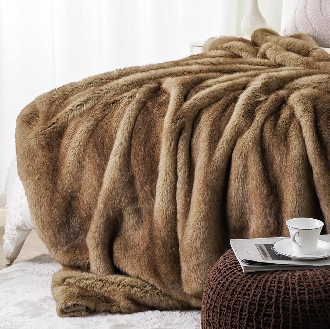 BATTILO Luxury Ochre Faux Fur Throw Blanket for Couch, Home Decor, 60"x80" | Large Soft Cozy Mink Plush Warm Elegant Furry Fluffy Faux Fur Blanket for Bed, Sofa, Living Room, Long Pile
