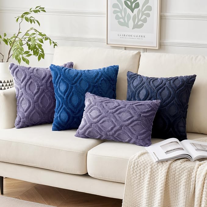 MIULEE Navy Blue Soft Plush Faux Wool Throw Pillow Covers 18x18 | Set of 2, Farmhouse Boho Home Decor, Decorative Cushion Covers for Sofa, Living Room, Bed