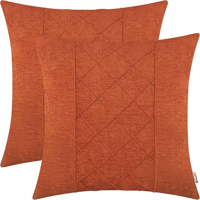 BRAWARM Chenille Throw Pillow Covers 18x18 Inches, Burnt Orange, 2 Pack | Decorative Pleated Pillow Covers, Soft Cushion Cases for Sofa Bed Living Room Home Farmhouse (No Insert)