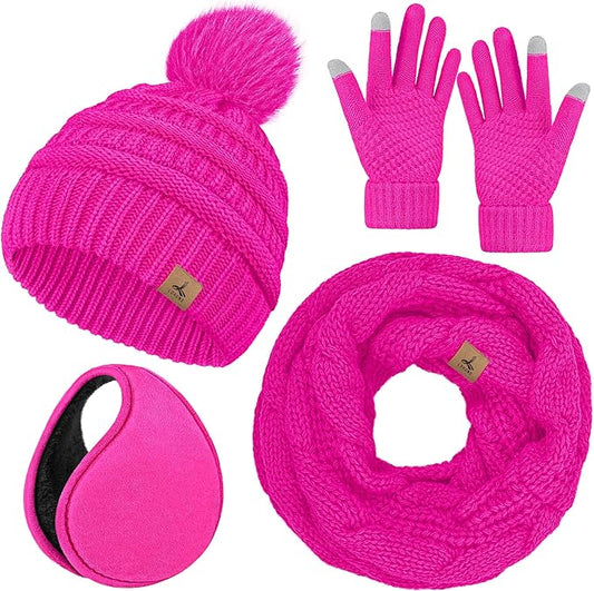 Winter Hat Scarf Gloves and Ear Warmer, Warm Knit Beanie Hat Touch Screen Gloves Set Winter Gifts Neck Scarves for Women