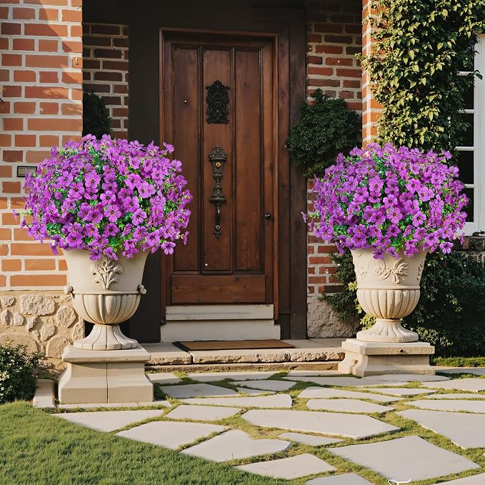 24 Pcs Artificial Flowers for Outdoors Decorations, Purple | Lifelike silk flowers, UV resistant, faux plastic plants, for garden porch window table vase home indoor outdoor decor