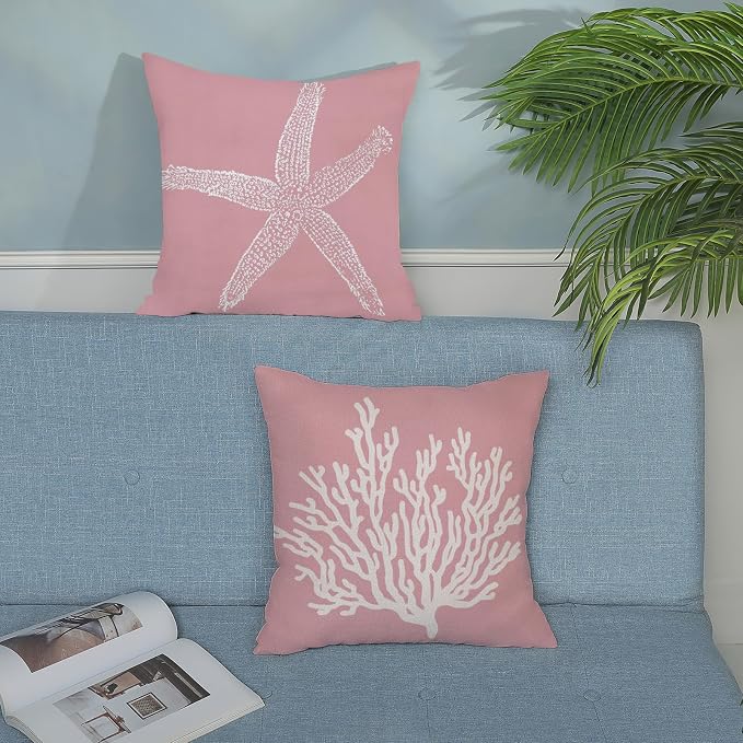 Coastal Pillow Covers 18x18 Inch Set of 2, Pink Coral Starfish Throw Pillows Nautical Ocean Decorations Beach Pillowcase Outdoor Decor Linen Farmhouse Cushion Case for Home Sofa Living Room