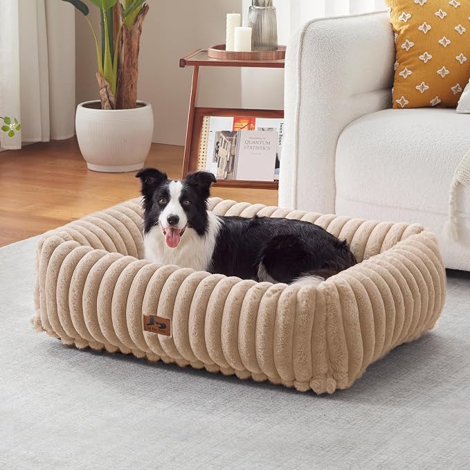 Dog Beds Large Sized Dog,Rectangle Orthopedic Pet Bed for Large Dog, Comfort Fluffy Memory Foam Dog Beds with Anti-Slip Bottom,Camel (35x25x9 inches)