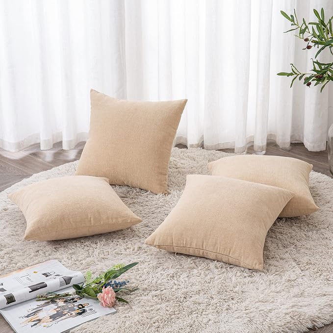 GAWAMAY Decorative Couch Throw Pillow Covers 18x18 Inch Set of 4 Beige | Soft Chenille Farmhouse Style, Hidden Zipper, Neutral Cushion Pillowcases for Sofa Living Room Bed, Only Covers