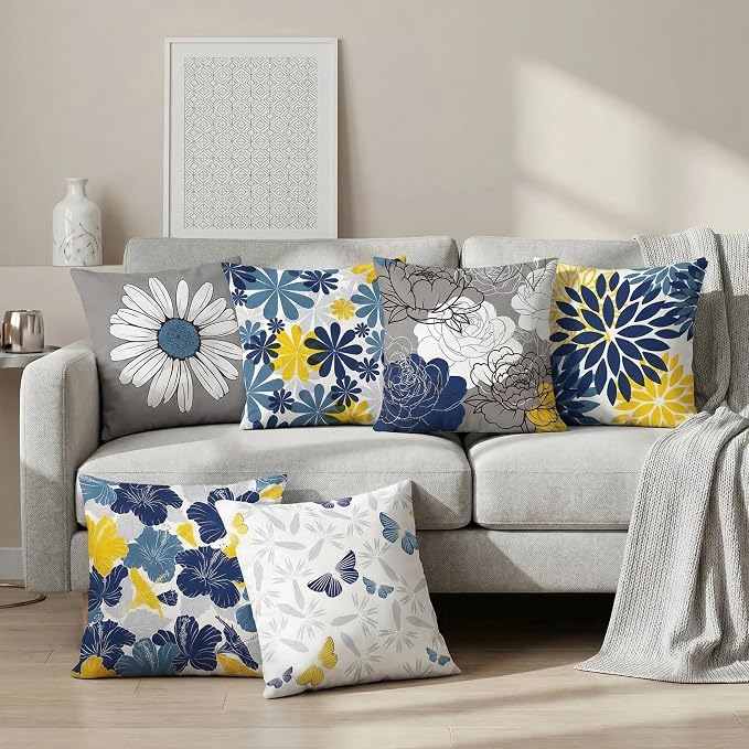 COMMINY Navy Blue Orange Pillow Covers 20x20 Set 6 Farmhouse Throw Cover | Daisy Dhalia flower, Large Throw Pillow Size, Breathable Linen, Bedroom Accent Couch Sofa Spring Summer Decor