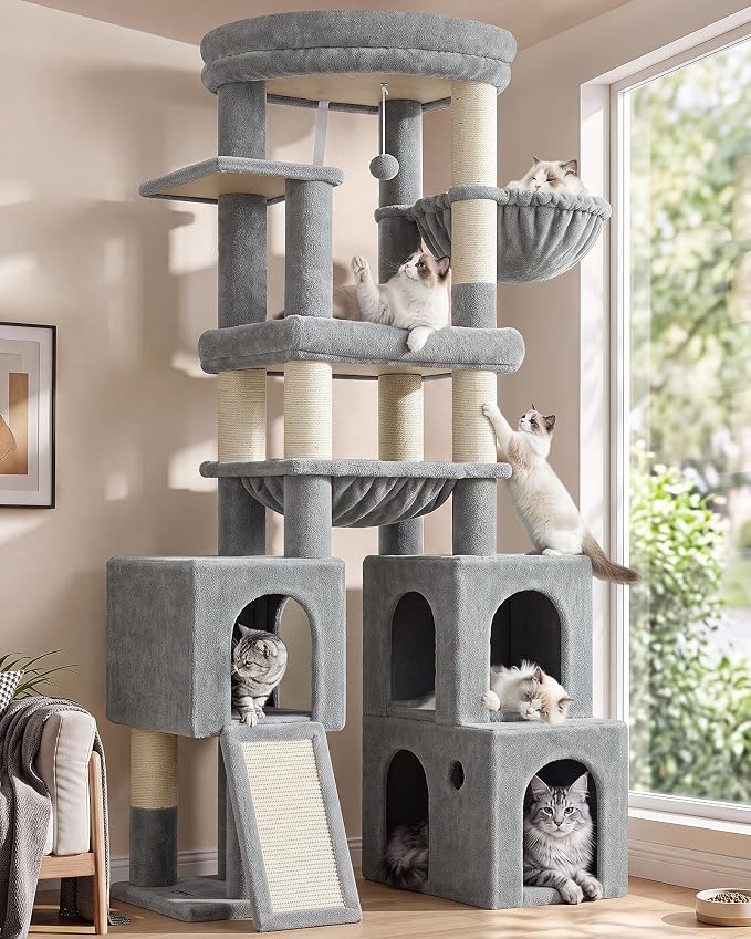 Globlazer Tall Cat Tower for Indoor Adult Cats, 72-inch, S72G, Light Grey | Heavy Duty Cat Tree House for Big Cats with 2 Extra-Large Padded Platform, 7 Sisal Scratching Posts, 3 Large Condos