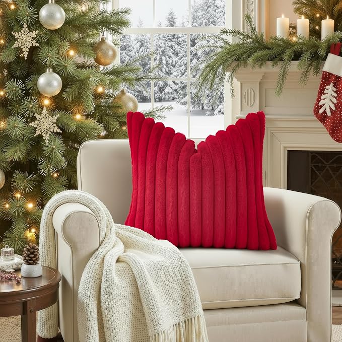 decorUhome Fall Faux Fur Throw Pillow Covers 12x20 Set of 2 Red | Decorative Soft Cozy Striped Plush Modern Farmhouse Boho Couch Pillow Cases Velvet Back for Sofa Bed Living Room Home Decor