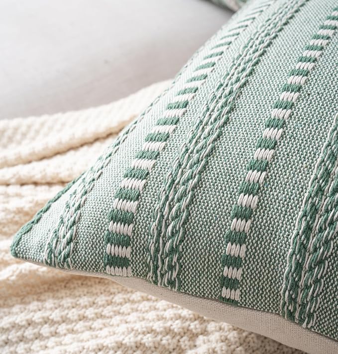 Cethom Boho Throw Pillow Covers 12x20 Inch Set of 2, Farmhouse Decorative Couch Pillow Cases, Light Green Accent Pillows of Bed, Sofa Bedroom Living Room Home Decor Cushion Cover
