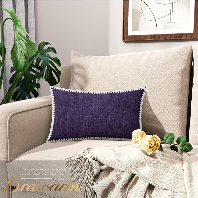 BRAWARM Chenille Throw Pillow Covers 12x20 Inches, Purple, 2 Pack | Decorative Lumbar Pillow Covers with Shell Edge, Soft Cushion Cases for Sofa Bed Living Room Home Farmhouse (No Insert)
