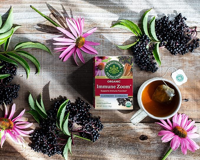 Traditional Medicinals Tea, Organic Immune Zoom Elderberry Echinacea - Supports Immune Function - Kosher, Non-GMO, Caffeine-Free, Compostable - 16 Tea Bags