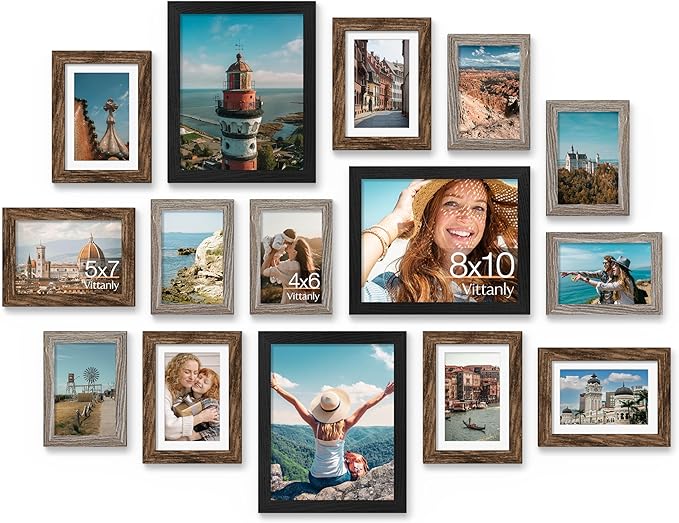 Vittanly 15 Pack Gallery Wall Frame Set, Black, Brown, Dark Grey | Picture Frames Collage Wall Decor: 3pcs 8x10, 6pcs 5x7, 6pcs 4x6. Picture Frame Set for Wall or Tabletop Display