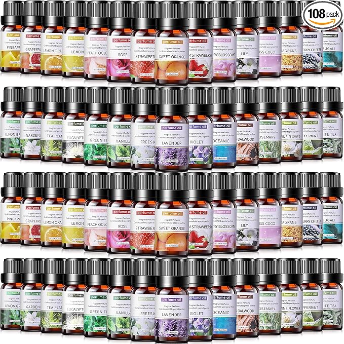 Nuanchu 108 Pcs Essential Oil Set for Humidifiers and Diffusers 10ml Fragrance Aromatherapy Oils Kits Fruity Candle Making Supplies for Soap Making Scents Summer Home Skin Care DIY Massage Laundry