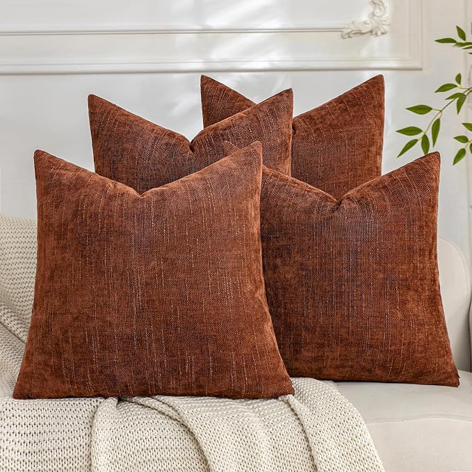 Set of 4 Soft Textured Decorative Throw Pillow Covers 24x24 Inch Cozy Farmhouse Cushion Cover Square Accent Pillow Cases for Bed Couch Sofa Living Room, Rust