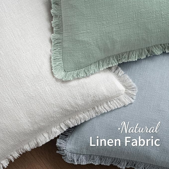 MIULEE Boho Linen Fringe Decorative Throw Pillow Covers Sky Blue 18x18 | Set of 2, Cottagecore Decor, Boho Farmhouse Coastal Pillow Covers, Rustic Couch Cushion Cases for Sofa Bed Living Room